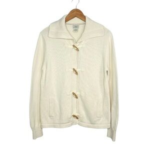 LL Bean Collared Toggle Button Cardigan Sweater Size Large Cotton Cream